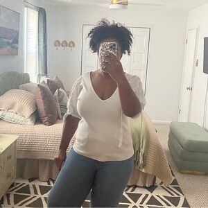 Anthropologie Maeve Puff-Sleeved Top V Neck Short Sleeve Tie